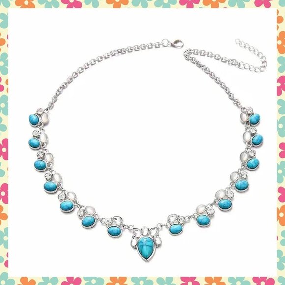 Faux Turquoise and Silver Tone Choker Necklace (#1120) - Picture 3 of 5